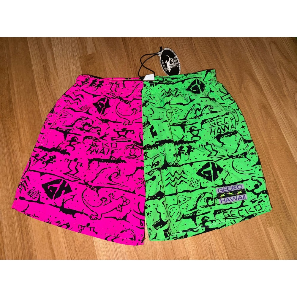 Gecko Hawaii Volley Shorts Mens Medium Neon Pink Green Split Color NWT Retro 80s